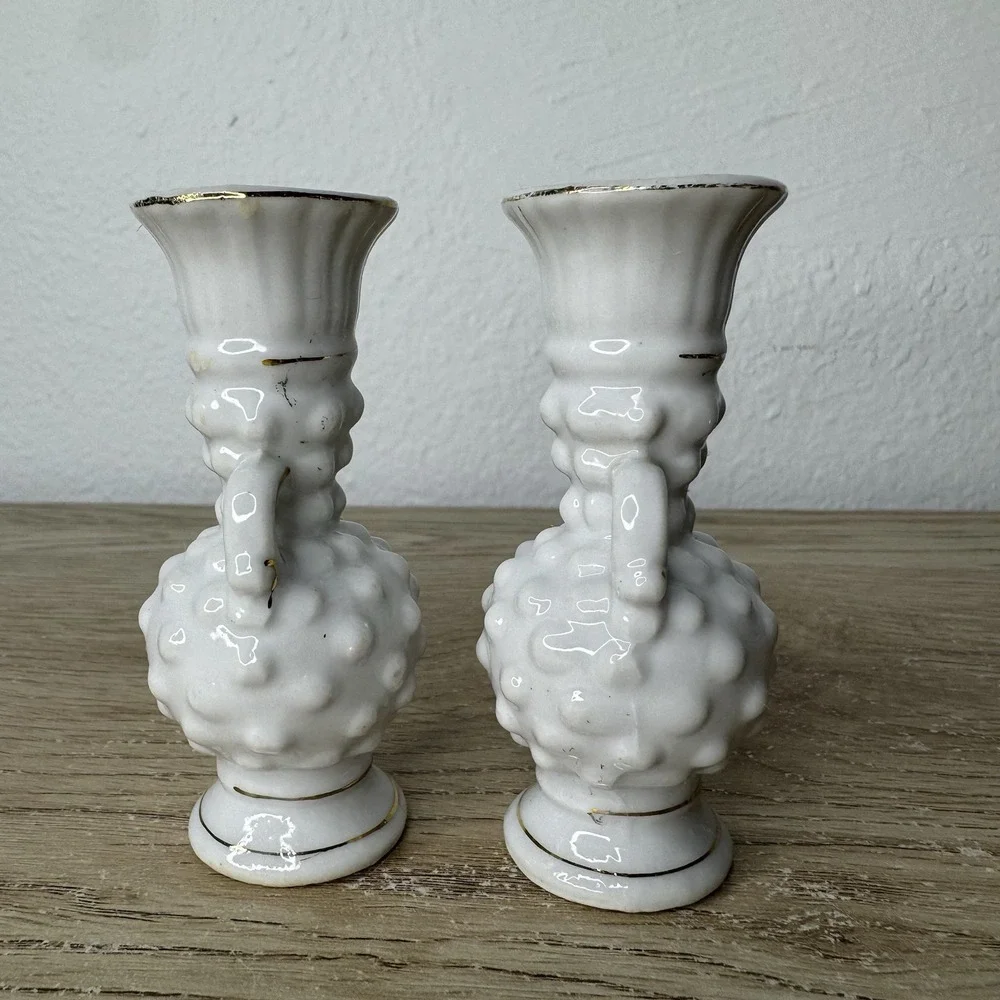 Vintage Ceramic Mini Hobnail Hobnob White Vases Set Of 2 Gold Trim Japanese Made